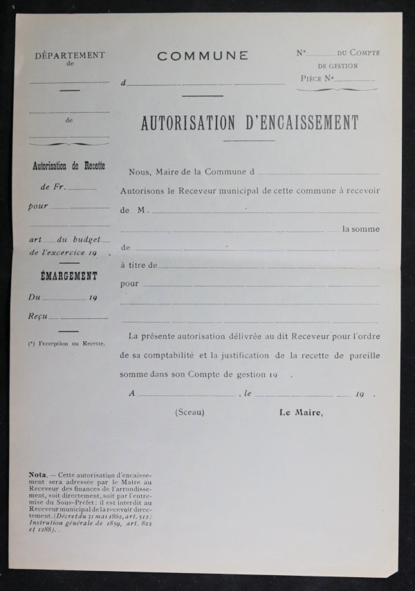 France, lot de 4 documents 'Autorisation d’Encaissement' vierges