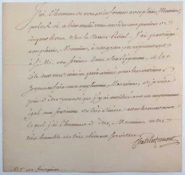 France c. 1768 lettre d'Haraucourt duc du Châtelet (guillotiné 1793)