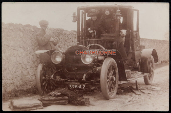 France photo postcard early Peugeot with engine trouble France photo postcard early Peugeot with engine trouble