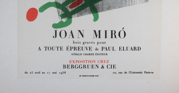 French poster for exhibition Joan Miró engravings Paris 1958 (Repro)