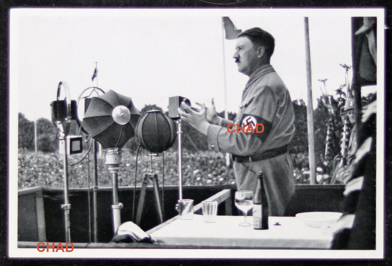 German propaganda photograph Hitler talking to large crowd (prewar)