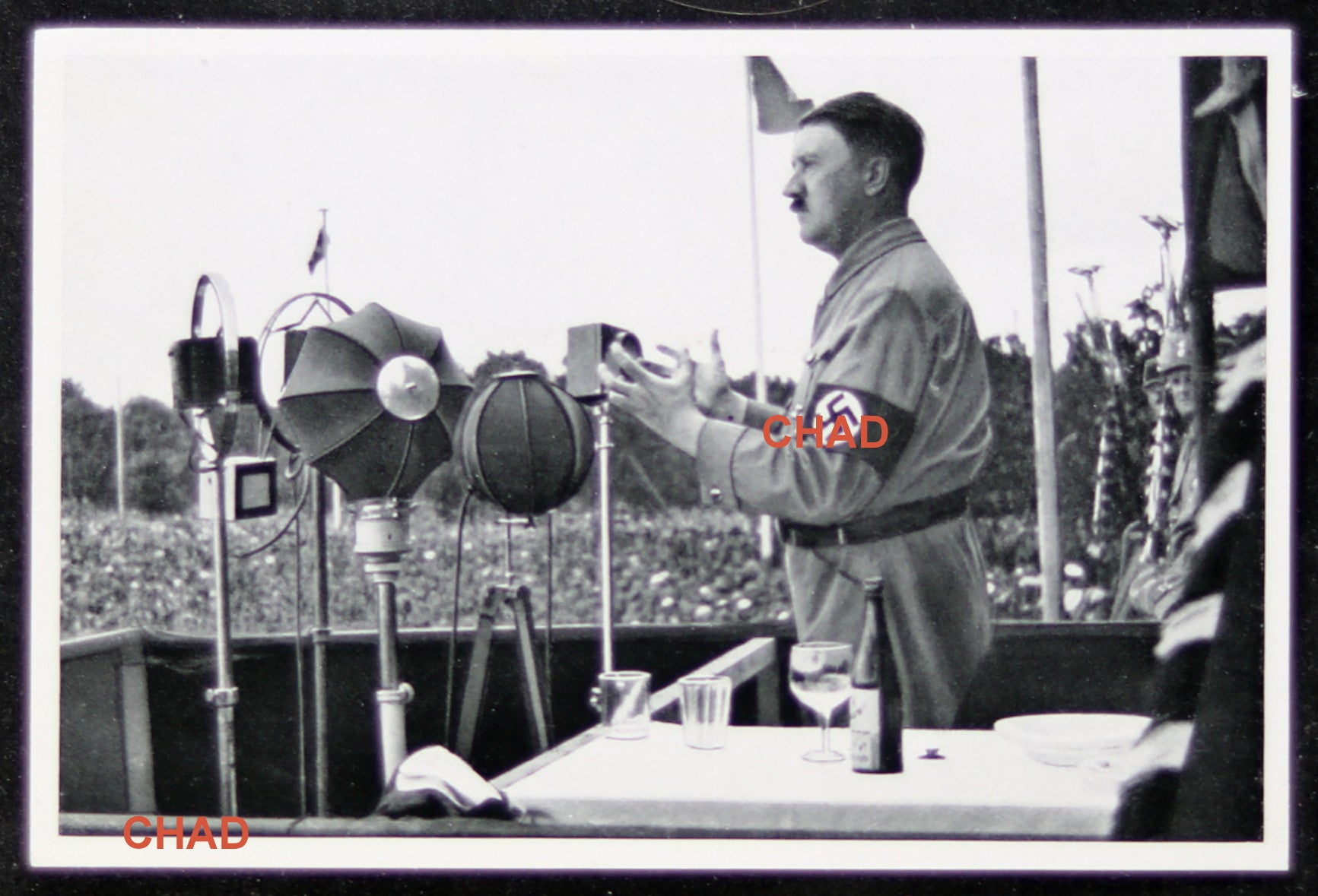 German propaganda photograph Hitler talking to large crowd (prewar)
