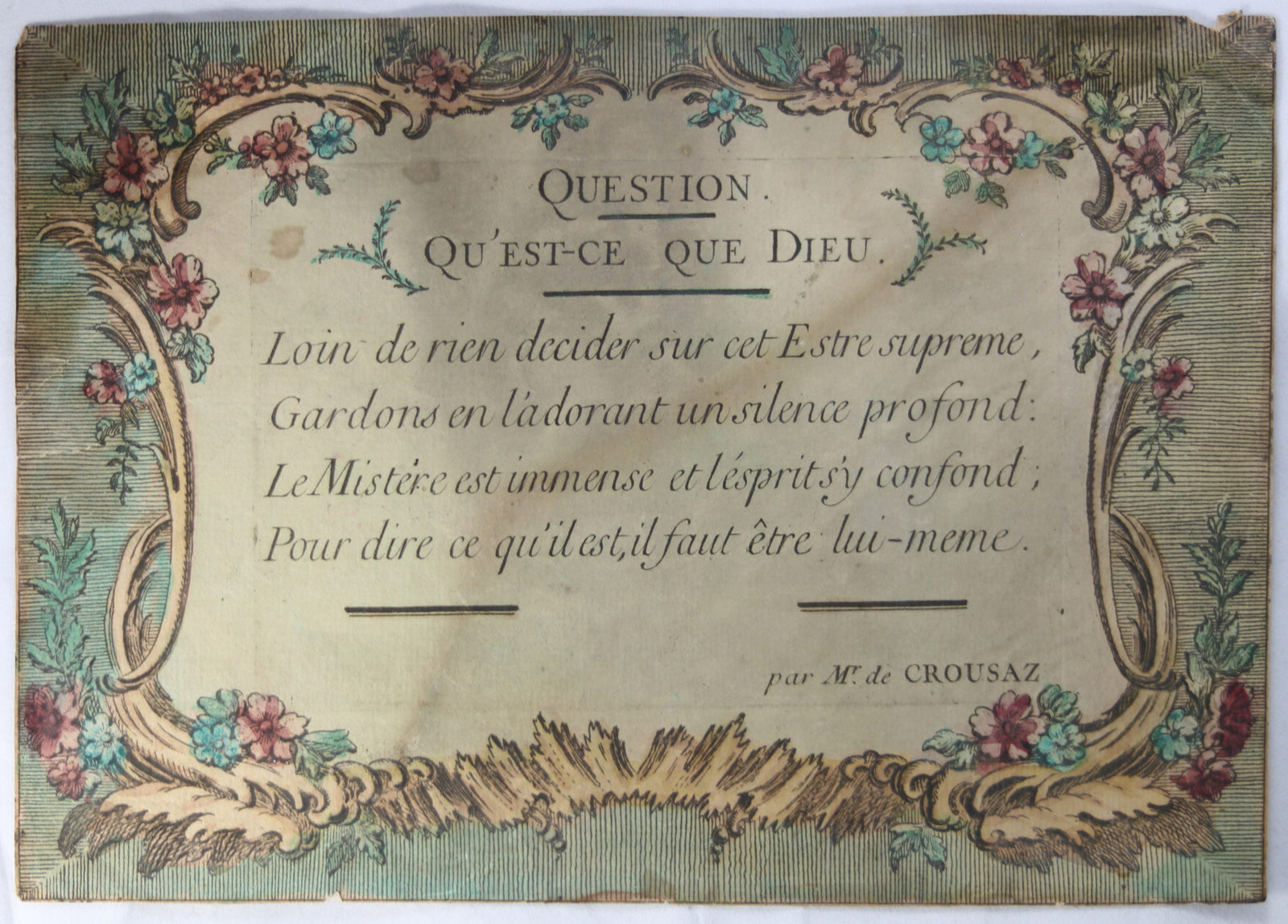 Gravure 18e avec question religieuse  philosophique de Crousaz