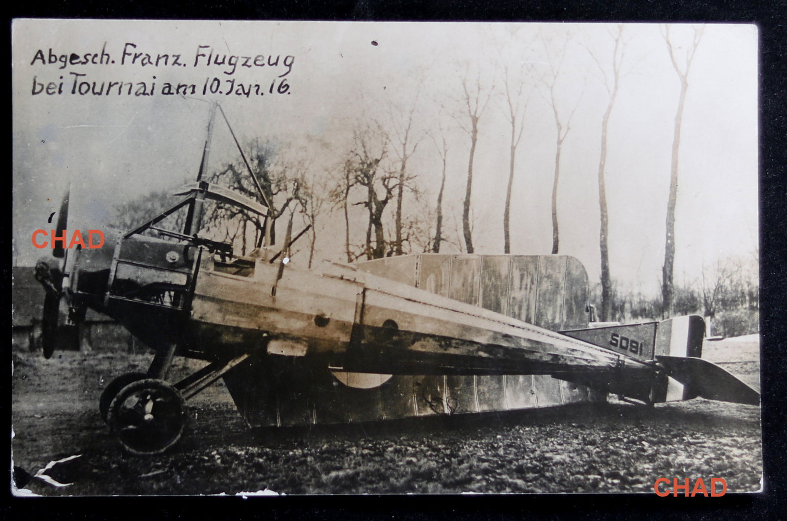 Guerre 14-18 CPA photo avion français abattu Tournai 10 janvier 1916