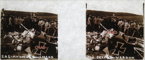 Guerre 14-18 Verdun épave biplan allemand, photo sur verre (WW1)
