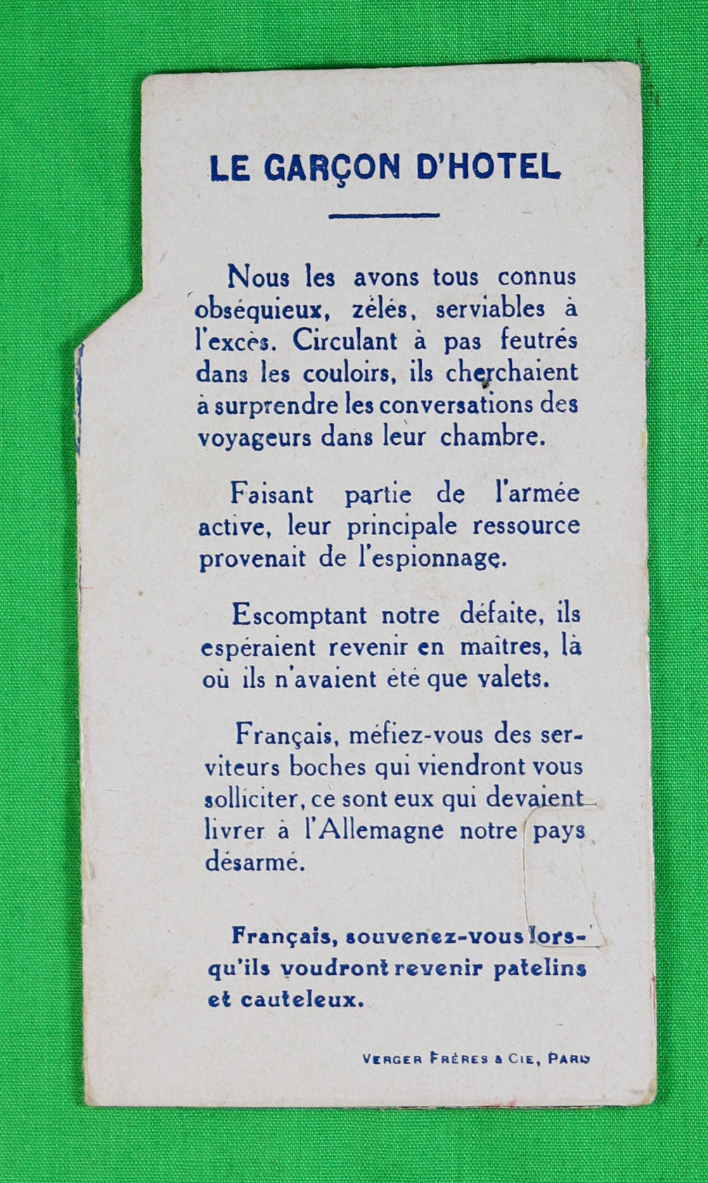 Guerre 14-18 carte système anti-allemand ‘Le Garçon d'Hotel Guerre 14-18 carte système anti-allemand ‘Le Garçon d'Hotel Boche'