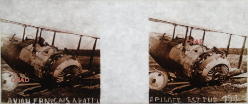 Guerre 14-18 épave biplan français avec pilote tué, photo sur verre (WW1)