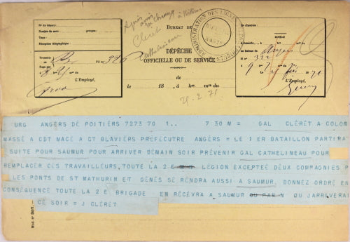 Guerre 1871 Dépèche du Général Cléret au Colonel Massé (Loire)