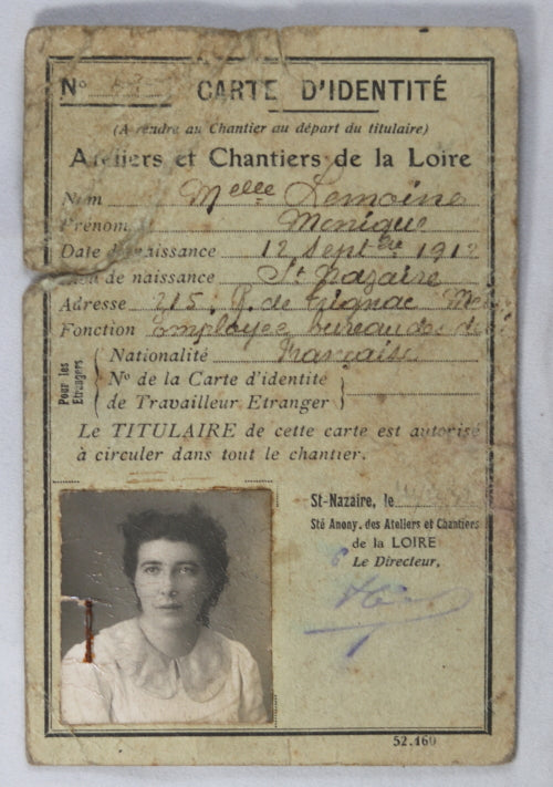 Guerre 39-45 carte travailleuse Ateliers et Chantiers de la Loire