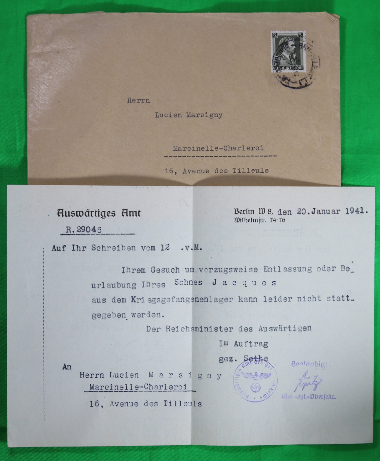 Guerre 39-45 lot de trois papiers concernant soldat Belge, prisonnier de guerre