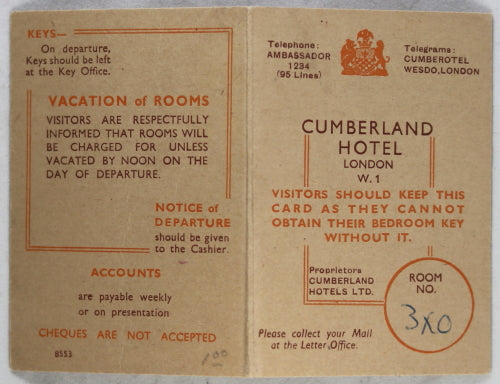 Guest Card - Cumberland Hotel London UK W1