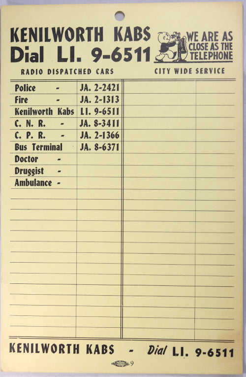 Hamilton Ontario advertising card from Kenilworth Kabs