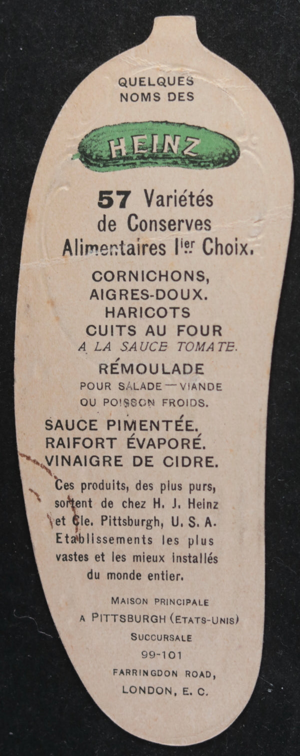 Heinz Pickle trade card France '57 varieties of preserves' c. 1900 Heinz Pickle trade card France '57 varieties of preserves' c. 1900
