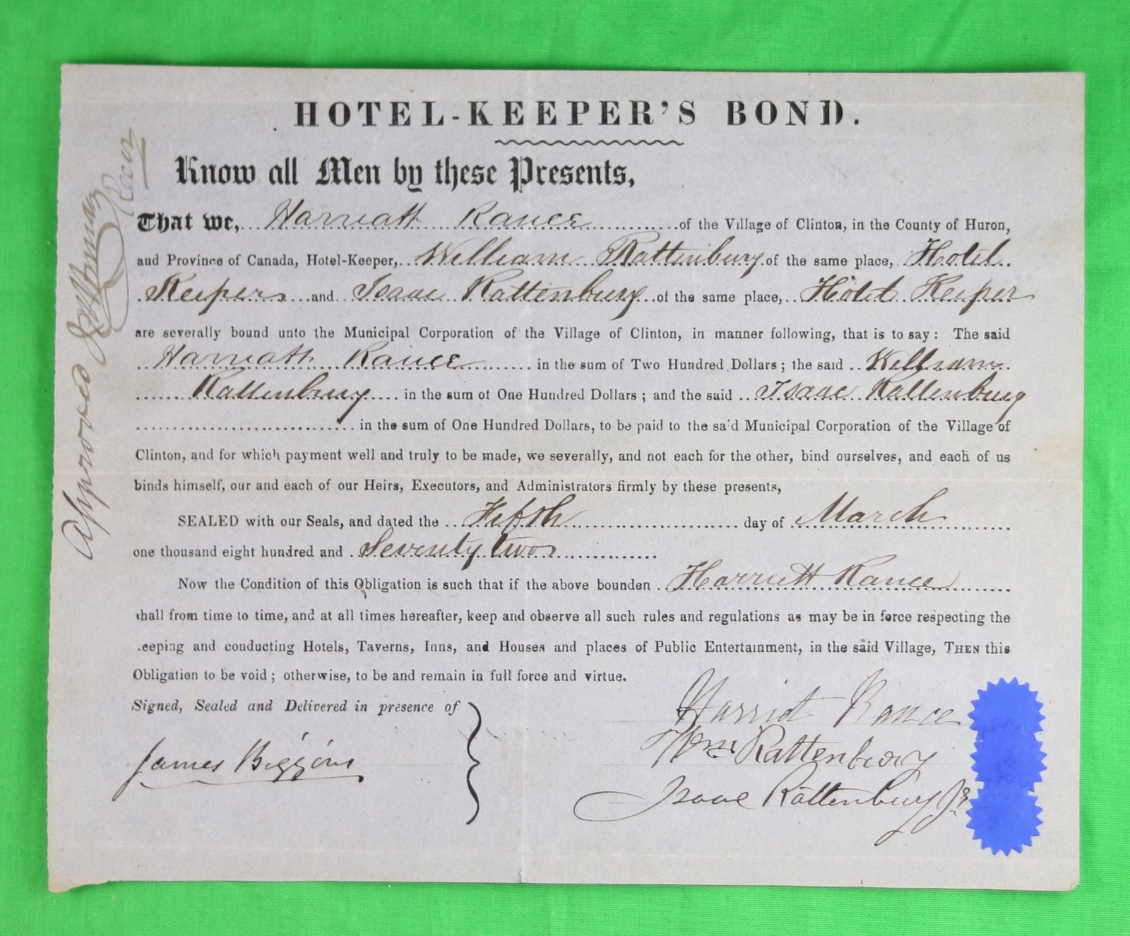 Hotel-Keeper's Bond - Clinton Ont. (1872)