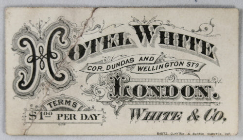 Hotel White London Ontario small advertising card (early 1900s)