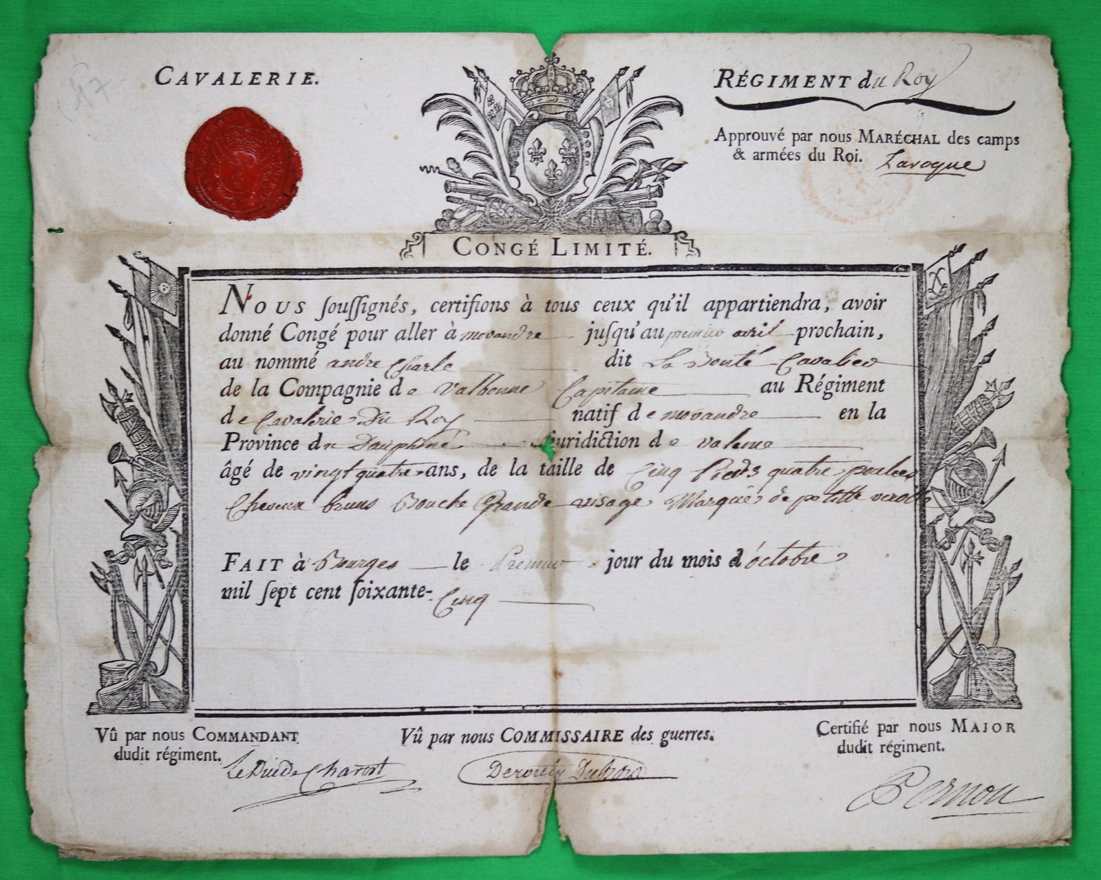 1765 Congé Limité Régiment du Roi Cavalerie