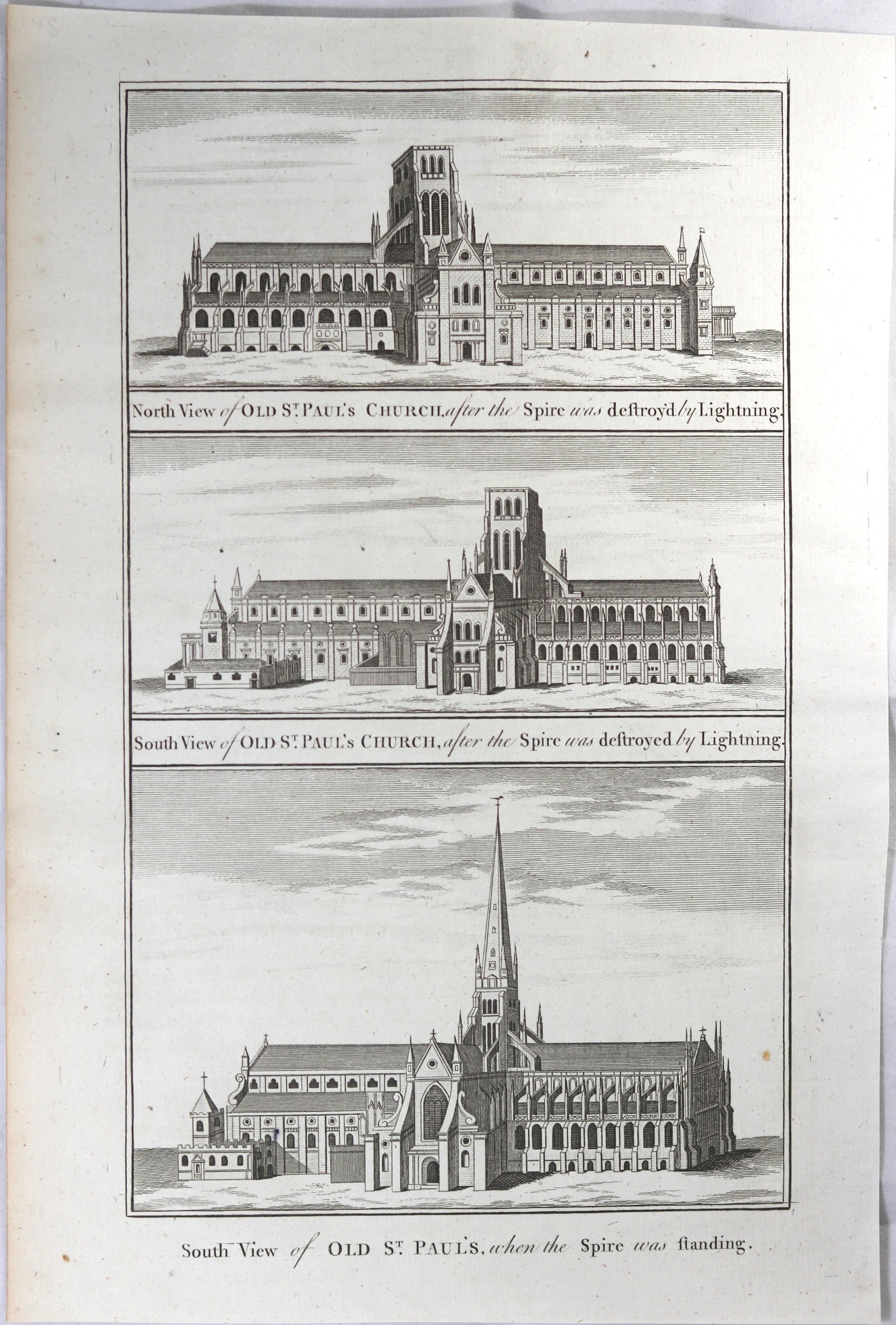 Engraving with three early images of St Paul's Church London @1785