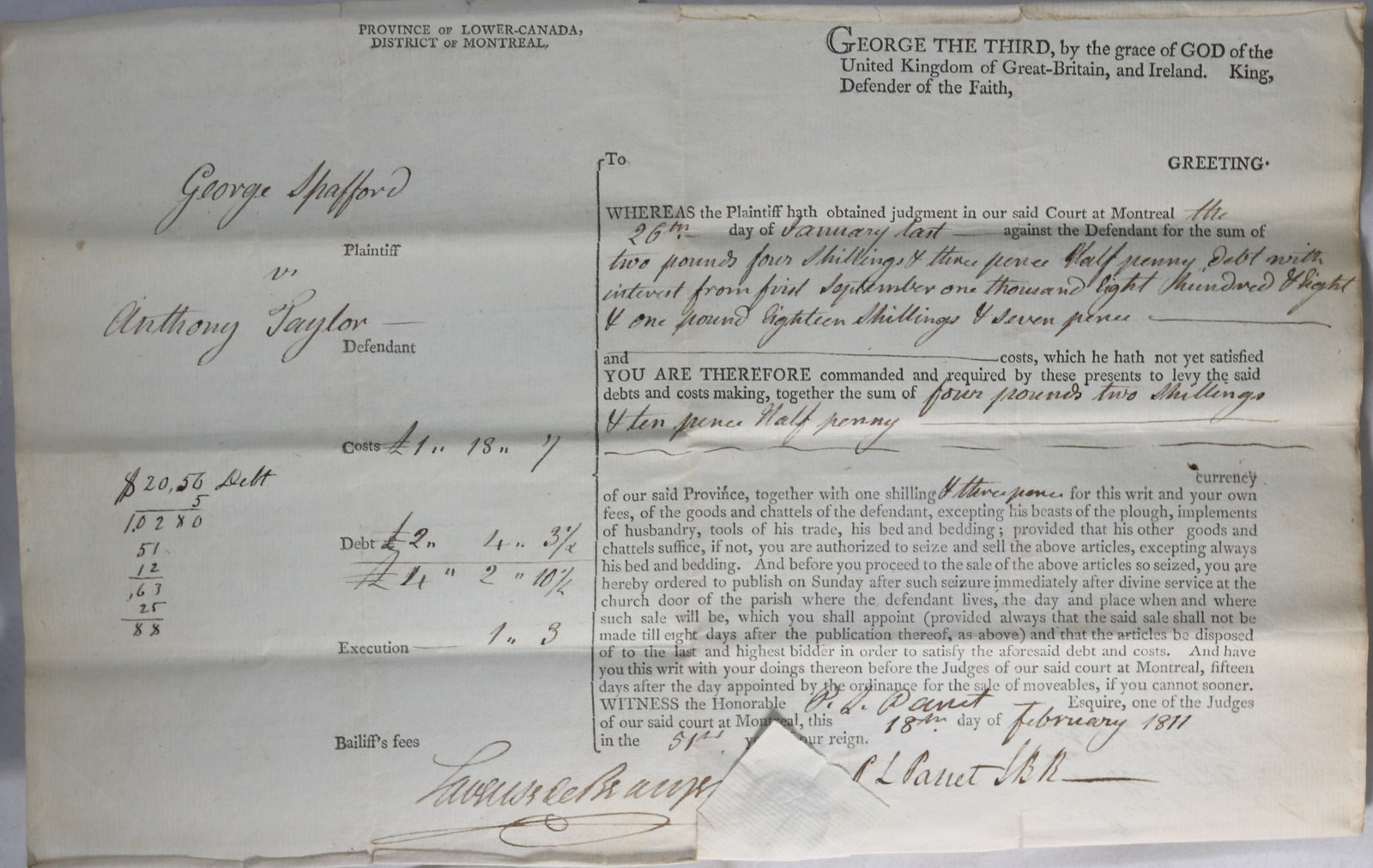 1811 Montreal two documents signed Governor Craig
