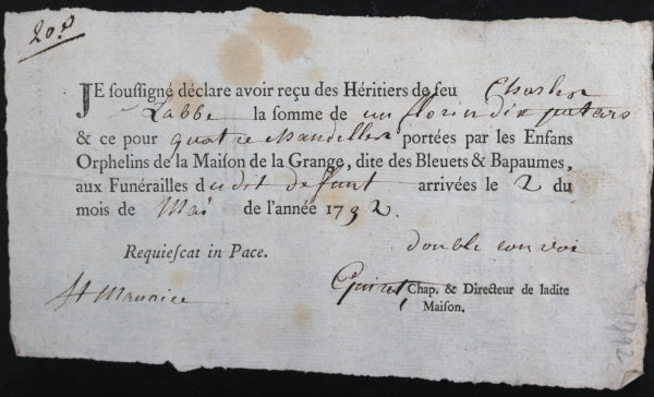 Lille 1792 quittance pour Orphelins, portée chandelles aux funérailles