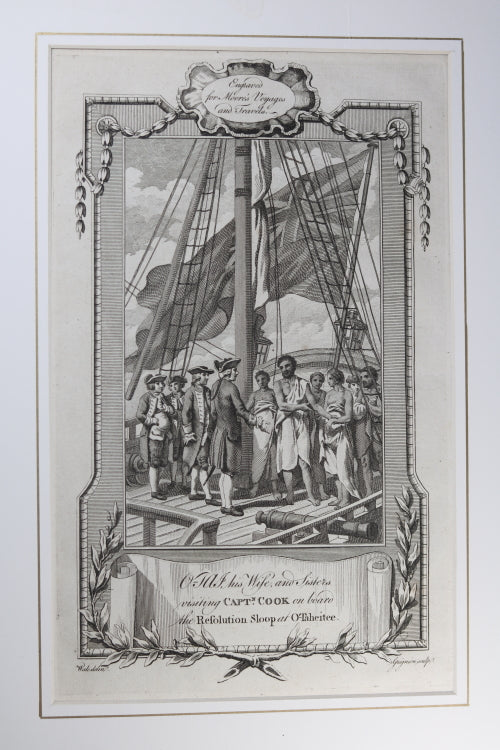 1778 engraving Captain Cook's Second Voyage, meeting Tahitians