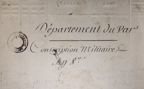 1799 manuscrit avec longue liste conscrits, Département du Var An 8
