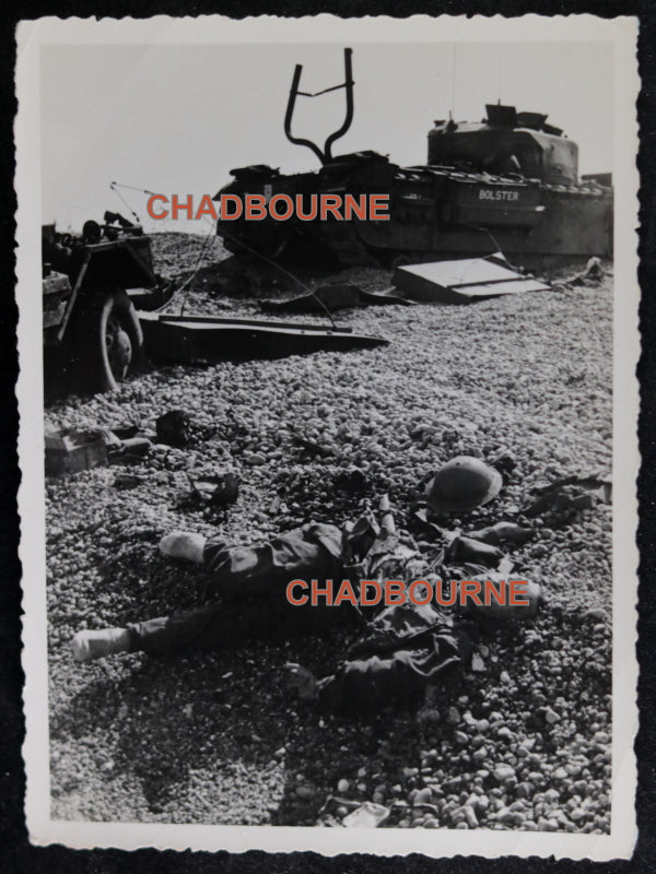 1942 WW2 Dieppe photo standed Churchill tank and KIA on beach #3