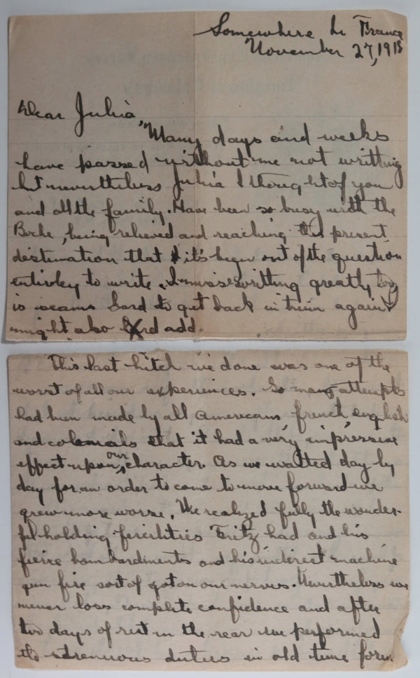 WW1 letter US soldier in AEF 103rd Reg. France, events of Nov. 11 1918