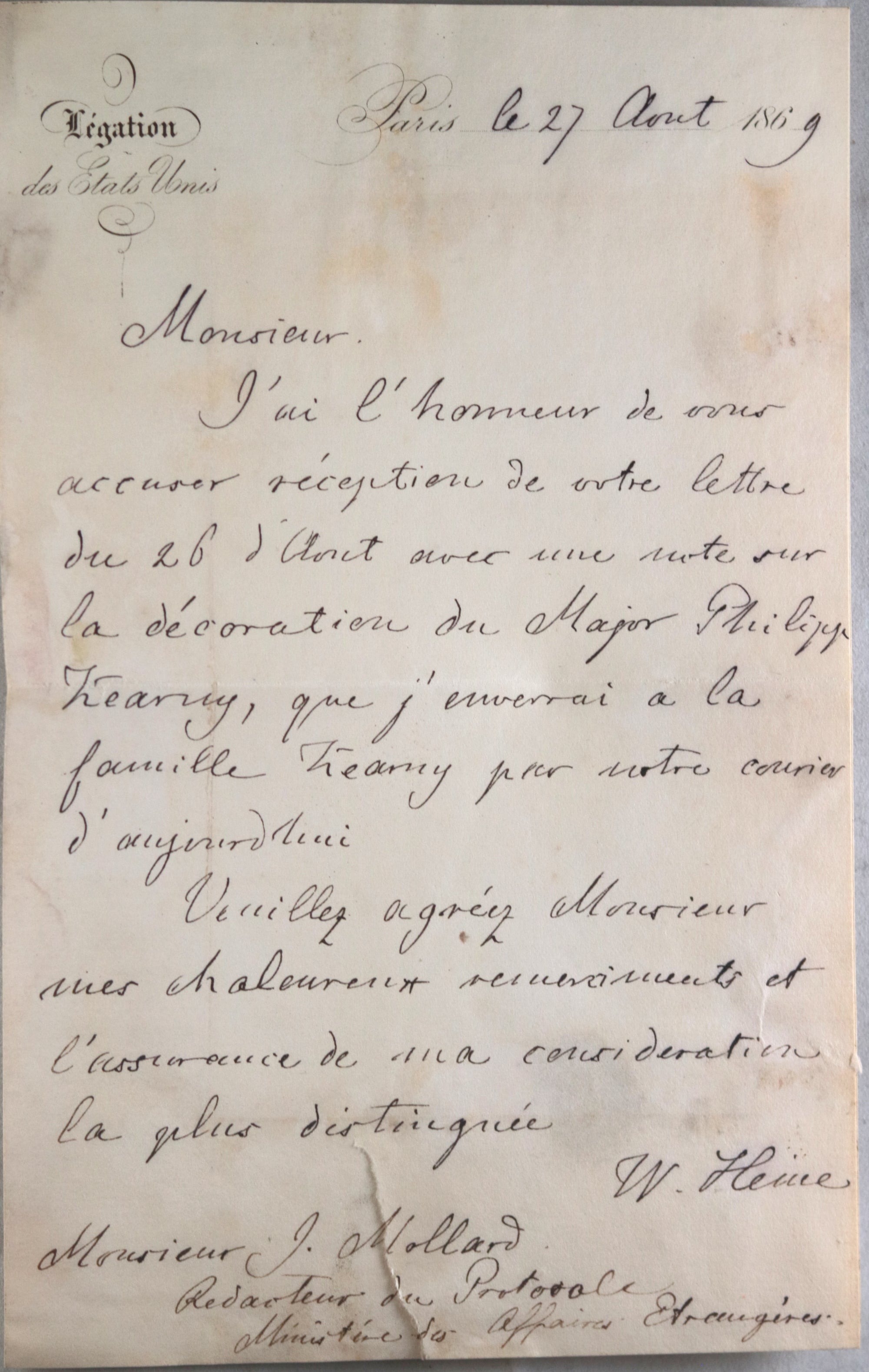 1869 french letter regarding American military hero Philip Kearney