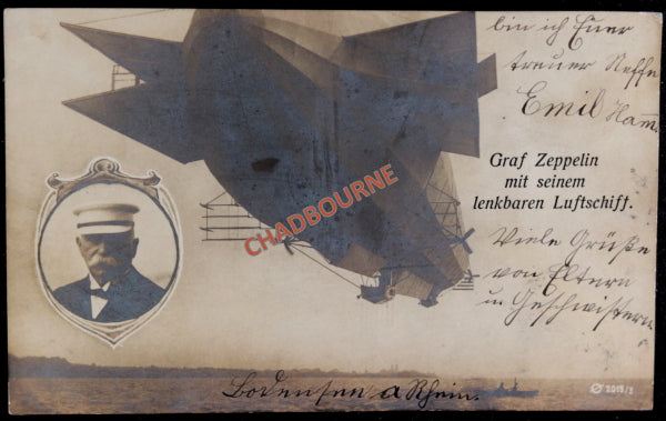 1908 German photo postcard of LZ 4 Zeppelin in flight over lake