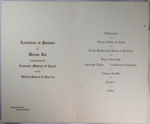 Menu for luncheon held for Japanese Baron Ito - Ottawa 1918