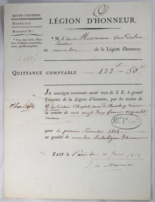 1813 quittance par Comte Meermann (Sénateur), paiement Légion Honneur