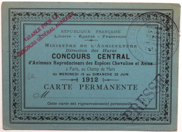 1906/12 Paris carte d’accès Concours Central reproducteurs chevaline