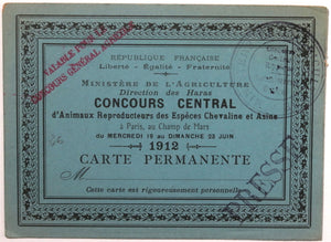 1906/12 Paris carte d’accès Concours Central reproducteurs chevaline