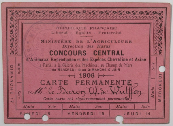 1906/12 Paris carte d’accès Concours Central reproducteurs chevaline