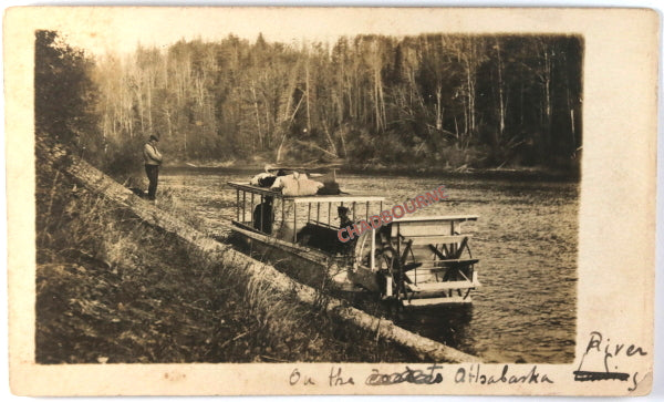 c. 1909 Canada photo postcard paddlewheel skiff on Athabasca River AB