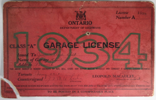 1934 Ontario Class "A" Garage Licence