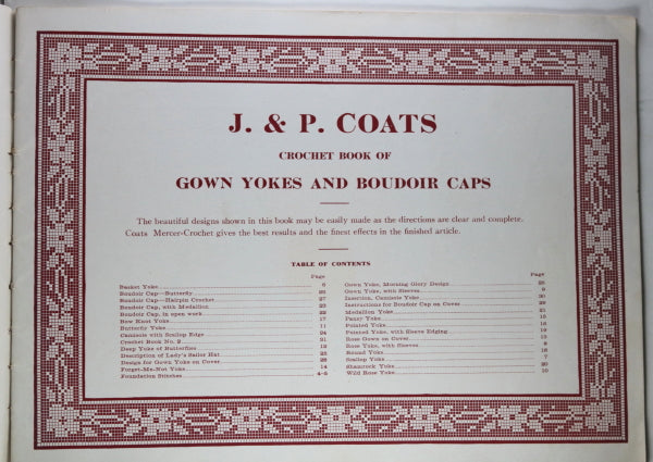 J. &  P. Coats Crochet Book of Gown Yokes and Boudoir Caps c. 1916