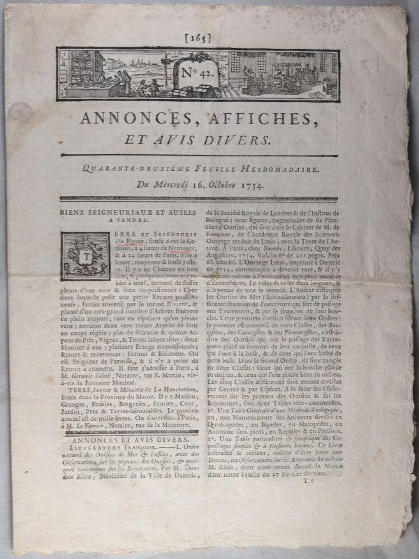 Journal ‘Annonces, Affiches, et Avis Divers’ 16 Oct. 1754 (Paris)