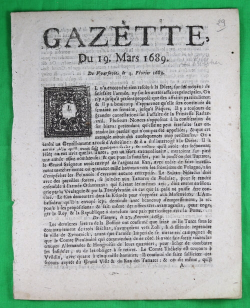 Journal Gazette de Hollande du 19 mars 1689