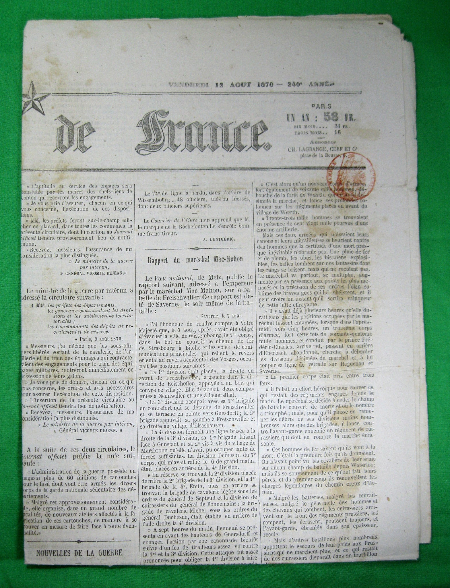 Journal français 'Gazette de France' Vendredi 12 Aout 1870 (Guerre franco-allemande)