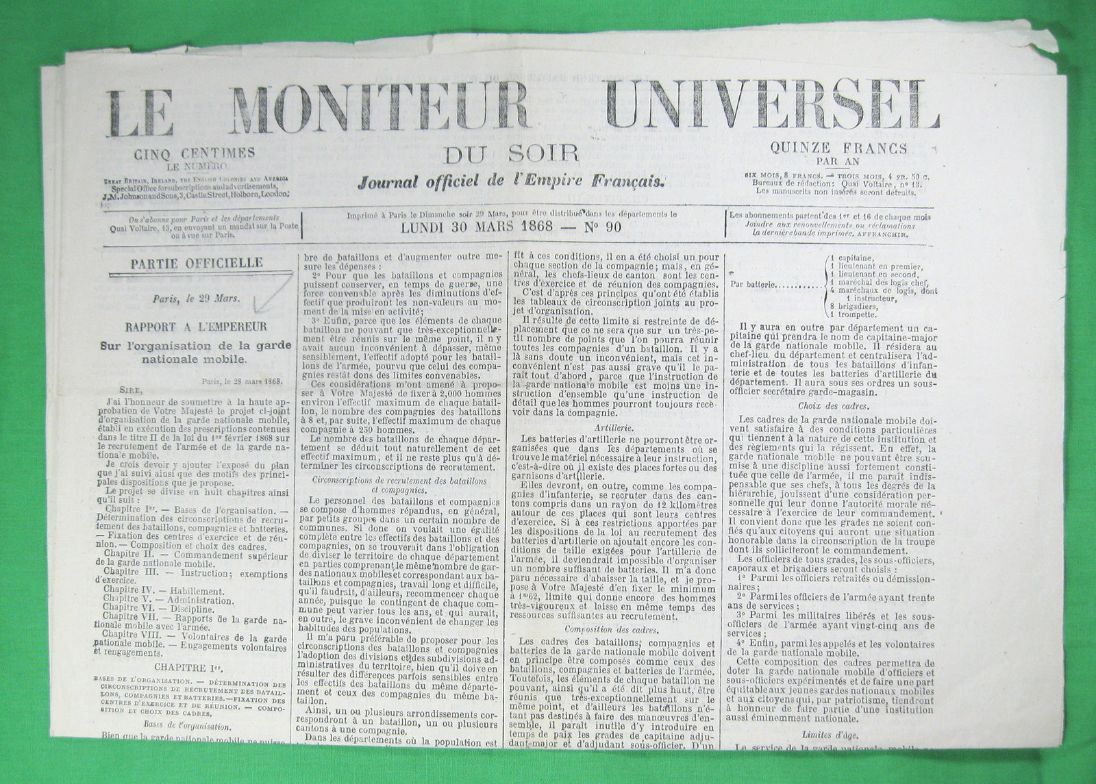 Journal français 'Le Moniteur Universel' Lundi 30 Mars 1868