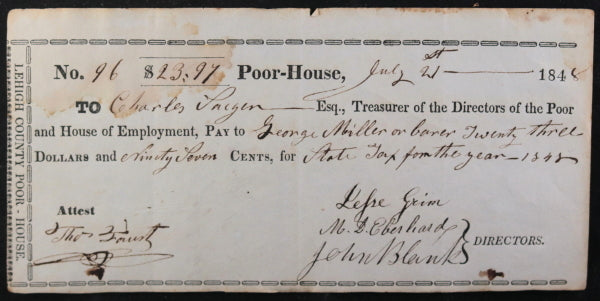 July  21st 1848 Allentown PA Lehigh County Poor-House, State Tax 1848