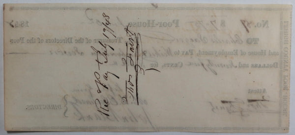 July 3rd 1848 Allentown PA Lehigh County Poor-House cheque for table