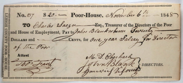 June 5 1848 Allentown PA Lehigh County Poor-House: Director salary