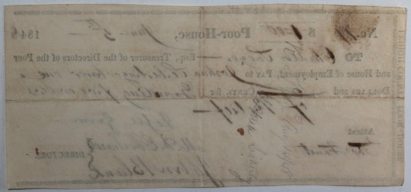 June 5th 1848 Allentown PA Lehigh County Poor-House cheque for relief