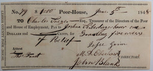June 5th 1848 Allentown PA Lehigh County Poor-House cheque for relief