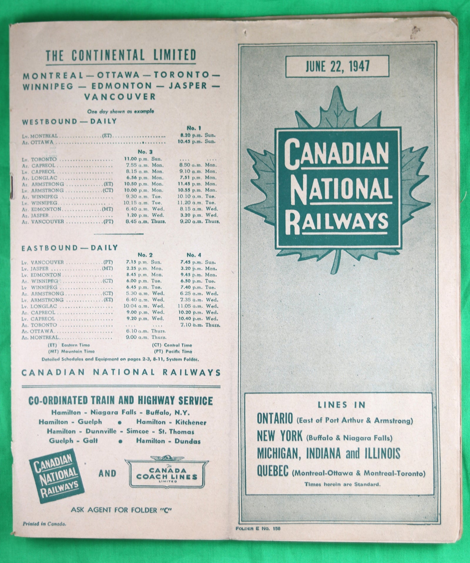 June 22 1947 CN Rail schedule