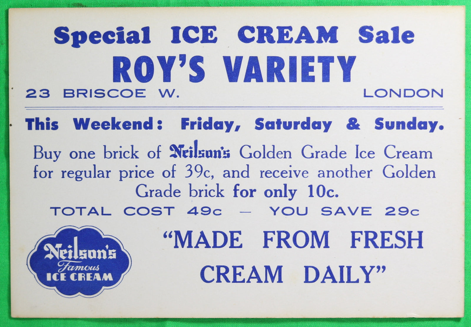 Large advertising card Neilson’s Ice Cream – London Ontario @1950s