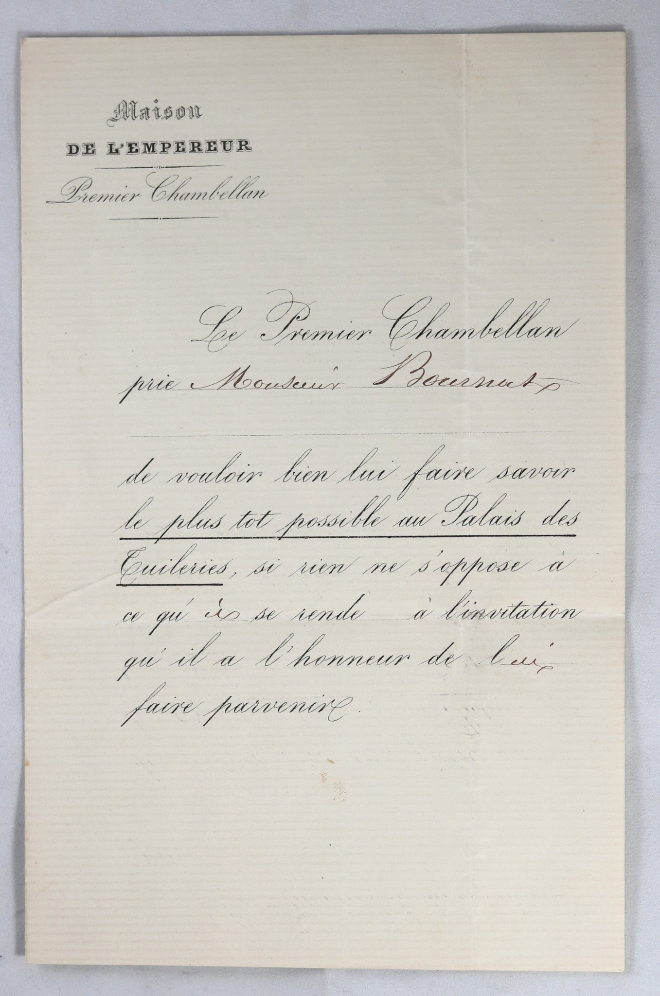 Letter du Maison de l’empereur Napoleon III (1852-1870)