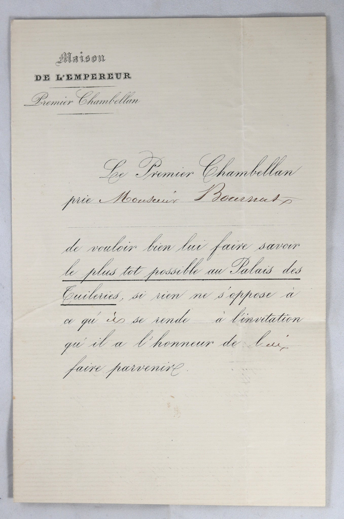 Letter du Maison de l’empereur Napoleon III (1852-1870)